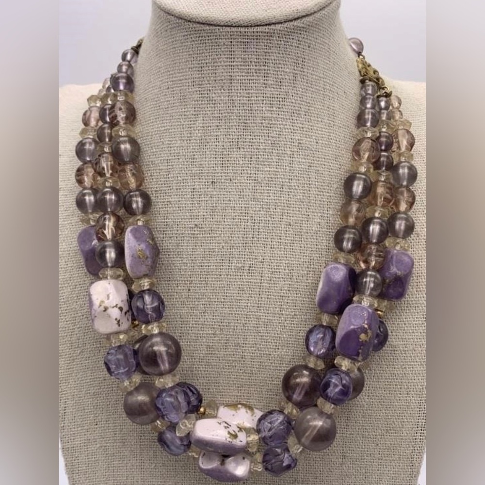 Vintage Purple Gold White Multi Strand Necklace